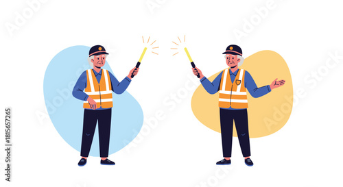 Set of two poses of an elderly male traffic guard in a safety vest, directing traffic with a glowing light stick.