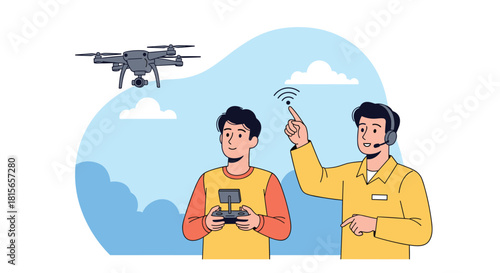Professional instructor teaching a young man how to fly a quadcopter drone using a remote control, with a blue sky background.