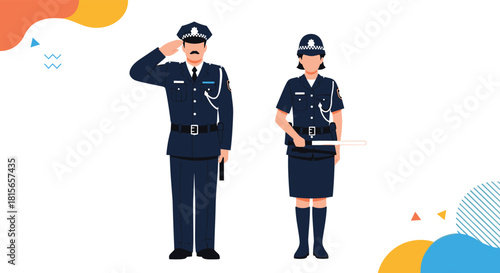 Male and female police officers in full uniform, with the man saluting and the woman standing ready, representing law enforcement.