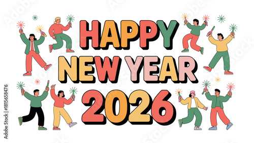 Celebrating the New Year: A vibrant and joyful depiction of the new year celebrations. This dynamic illustration showcases individuals rejoicing with colorful sparks.