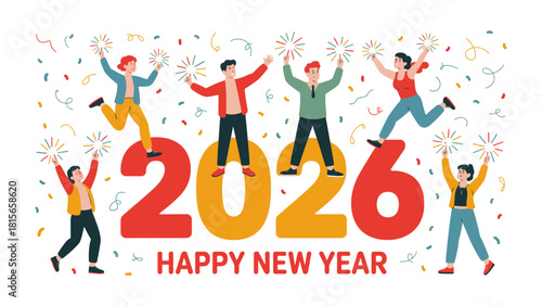 New Year's Celebration: A festive New Year's scene with vibrant figures joyfully celebrating the upcoming year with fireworks and confetti.