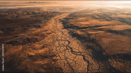 Aerial view of cracked drought-stricken earth under warm sunset light