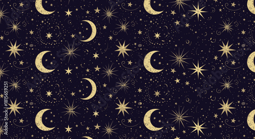 Mystical night sky pattern featuring crescent moons and shining