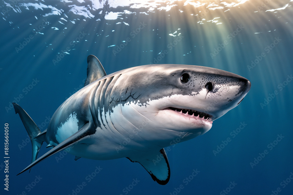Fototapeta premium A majestic great white shark swims through the deep blue ocean, beautifully illuminated by sun rays filtering down from the water's surface.