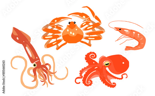 手描き風の海の生き物イラストセット：カニ、エビ、イカ、タコ
