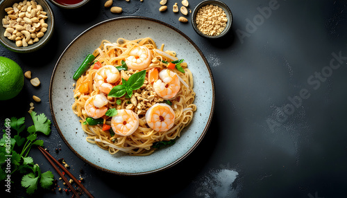 Pad Thai stir-fried rice noodles shrimp aerial concrete background