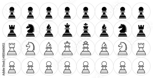 様々な形のチェスの駒のアイコンのベクターイラストのセット