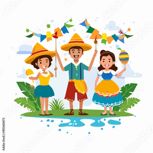 Cheerful Group of Children in Festive Costumes Celebrating a Holiday.