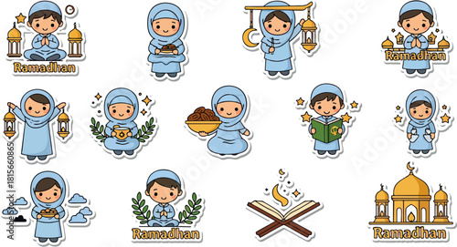 Cute Kawaii Ramadan Sticker Set: Muslim Kids, Mosque, and Iftar