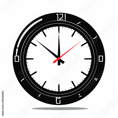 Black and White Analog Clock with Red Second Hand Isolated.