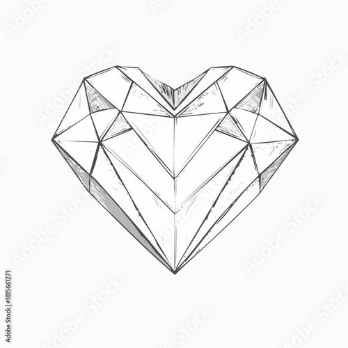 Hand-drawn heart-shaped diamond illustration featuring geometric facets sharp lines and subtle gray shading.