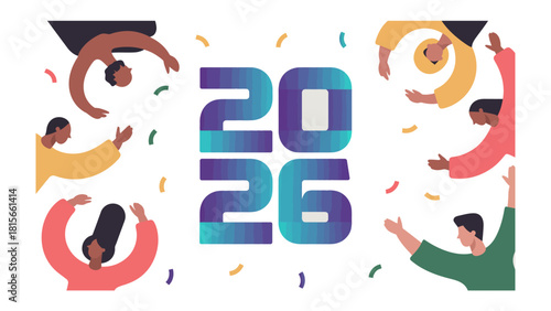 Cheers to the Future: The year 2026 is celebrated with a dynamic illustration featuring diverse people. This image captures the essence of community, unity, and hope.