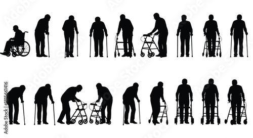 Silhouettes of diverse elderly people using wheelchairs, walking sticks, and rollator walkers, depicting aging, disability, mobility issues, health care, and need for assistance.