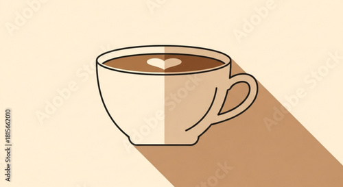 A clean illustration of a coffee cup with a heart latte art design, casting a long shadow on a warm background, symbolizing comfort and morning