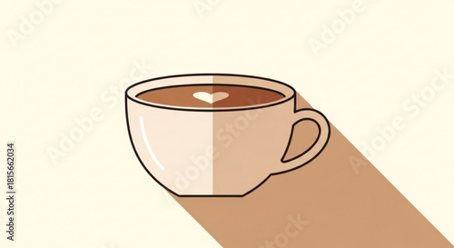 Flat design illustration of a coffee cup with heart latte art, long shadow on cream background, ideal for beverage and cozy themes