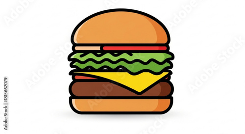 Delicious cartoon burger illustration with a sesame bun, cheese, lettuce, tomato, and a beef patty, isolated on