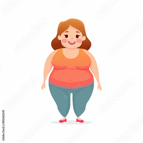Smiling cartoon plus-size woman with white hair wearing coral top and blue pants standing cheerfully.