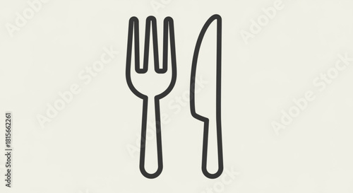 Simple line art icon of a fork and knife, symbolizing dining, food, and restaurant concepts, ideal for menus and web design