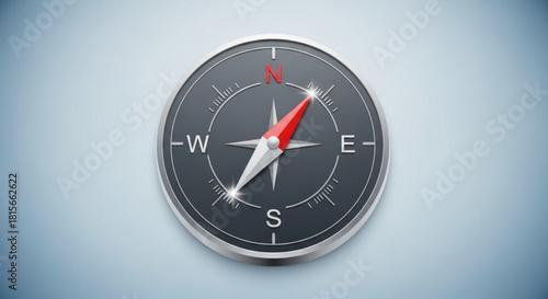 A classic magnetic compass with a red needle pointing north, symbolizing direction, guidance, exploration, and strategic navigation on a light blue background