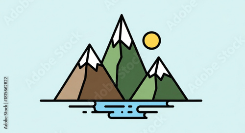 Minimalist vector illustration of a serene mountain landscape with snowcapped peaks, a calm river, and a bright sun