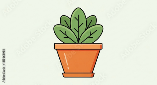 Simple illustration of a small green plant with broad leaves in a terracotta pot, symbolizing nature, growth, and indoor gardening