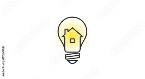 A glowing lightbulb with a house icon, symbolizing home energy, smart living, and innovative housing ideas, isolated on