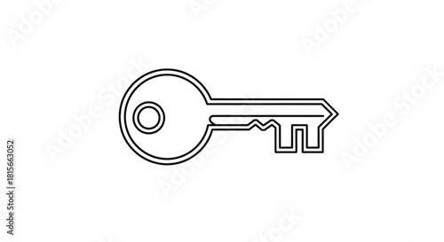Simple black line art illustration of a classic metal key, symbolizing security, access, and solutions, isolated on