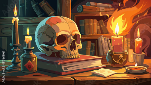 Human skull resting beside melting candles on an old wooden desk, surrounded by antique books and warm dramatic lighting