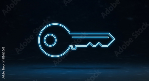 Glowing blue neon key icon illuminating a dark, mysterious digital space, symbolizing security, access, and digital protection