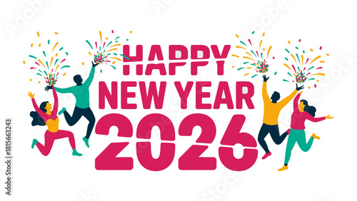 New Year 2026 Celebration: Vibrant illustration of the upcoming year, accompanied by dynamic silhouettes of people. Celebrating the start of something fresh and new. 
