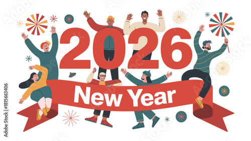 New Year 2026 Celebration: Diverse group rejoices and welcomes the year 2026 with joyful spirit and festive cheer.