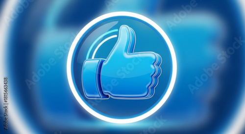 Glossy blue thumbsup icon in a white circle, symbolizing like, approval, and positive feedback on social media platforms and digital interfaces