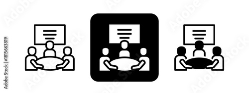 Team Meeting Solid color and black line drawing vector illustration set
