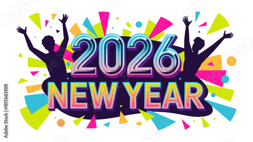 New Year Celebration 2026: Festive graphic art heralds the arrival of the new year, filled with vibrant colors and joyful silhouettes.