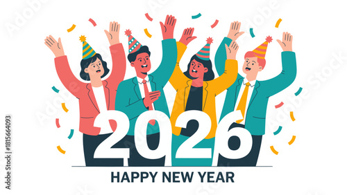 Celebrating 2026: A vibrant illustration depicts a joyful New Year celebration among friends, the year 2026 prominently displayed as confetti rains down on the party.