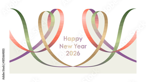 Happy New Year 2026: Elegant ribbons intertwine gracefully in a festive arrangement, forming symbolic heart shapes, evoking a sense of joy and anticipation for the upcoming year.