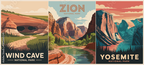 Vintage vector travel poster triptych of Wind Cave, Zion, and Yosemite National Parks with stylized cliffs, rivers, lakes, bold colors, and retro mid-century modern design