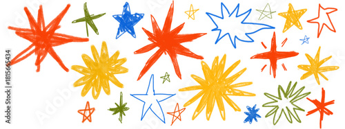 Funky crayon drawn planets, asteroids, stars and constellations, group of people