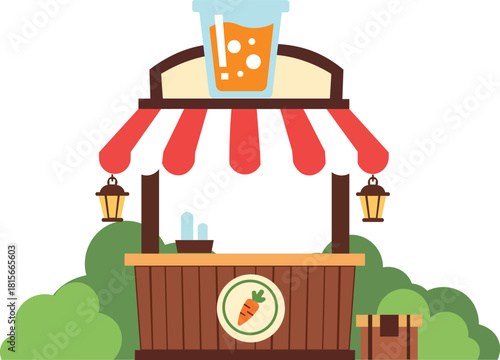 Juice stand with striped awning and carrot logo