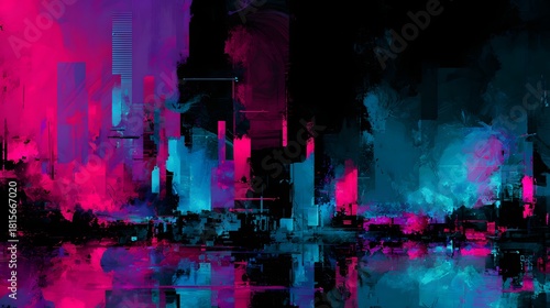 Abstract depiction of towering structures illuminated by vibrant neon color splashes over reflective water