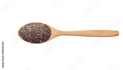 A wooden spoon filled with small, dark chia seeds, featuring a light brown handle on a plain background. isolated on white