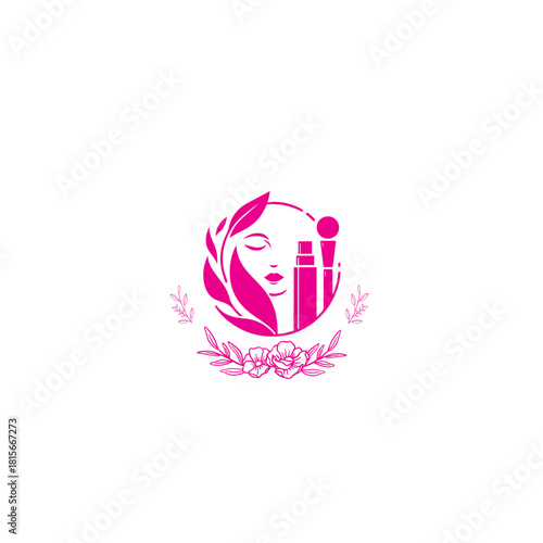 Beauty Salon and Cosmetics Logo Vector - Woman Face with Makeup Tools and Floral Design