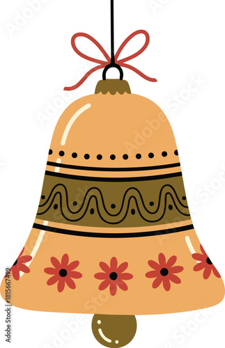 Folk Art Christmas Bell Ornament with Red Ribbon