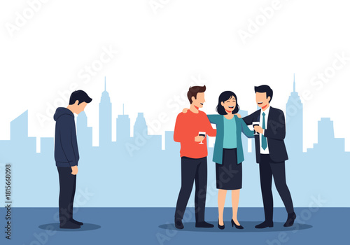 A sad and lonely young man is excluded from a happy group of friends who are socializing together in the city background.