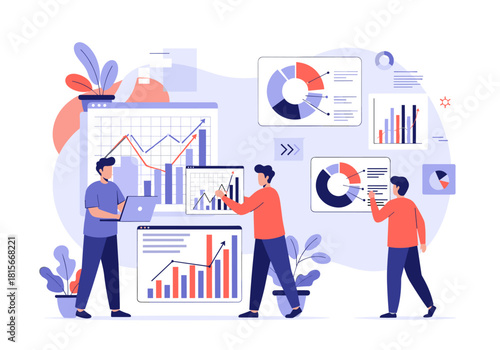 A dedicated business team works together on data analysis and visualization arranging charts and graphs for a business report.