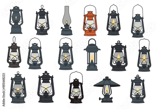 A collection of various vintage and retro kerosene lamps and oil lanterns with glowing flames for camping or rustic decor.