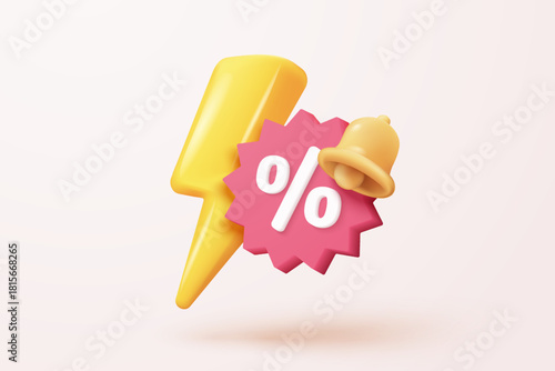 3D thunder bolt icons with coupon for sales and shopping online, discount coupon of cash. flash lightning on time alert notice special offer promotion. 3d price tags icon vector render illustration