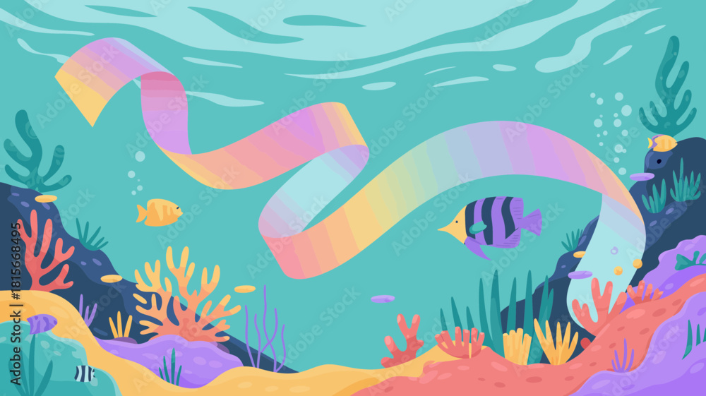 Obraz premium Vibrant rainbow ribbon flows through a colorful underwater coral reef scene with fish.