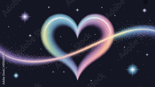 Colorful radiant heart intertwined with sparkling light trail in a cosmic starry sky