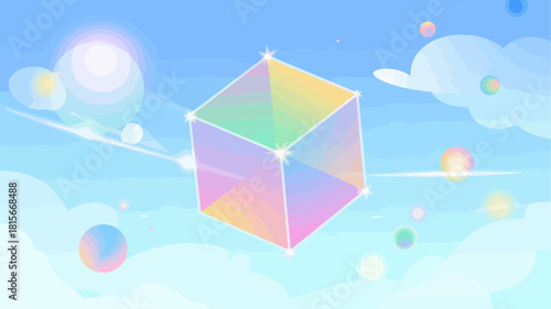 A pastel colored transparent cube floats in a dreamy sky with soft clouds and glowing spheres.